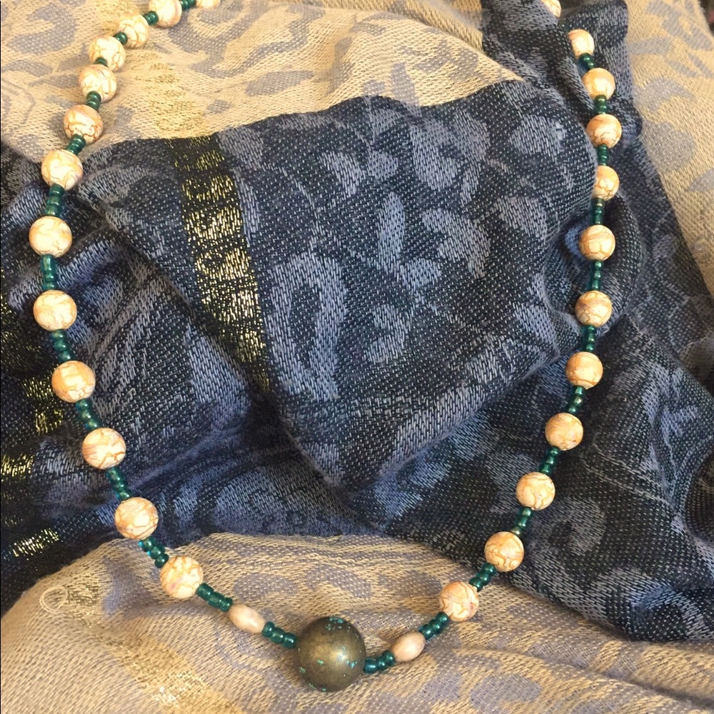 Hand Crafted Teal&Tan&Orange Beaded Necklace